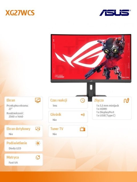 Asus Monitor 27 cali XG27WCS DP+HDMI+TYPE C