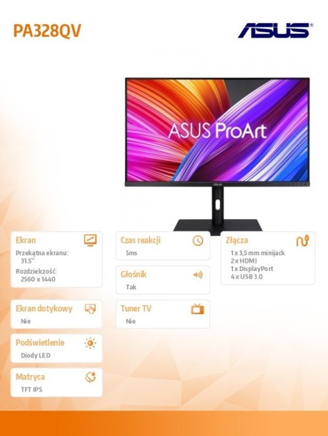 Asus Monitor 32 cale PA328QV WQHD IPS 400cd/m2 DP HDMI2.0x2 DP USBx4 sRGB100% GŁOŚNIK PIVOT