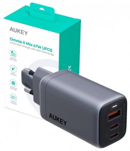 AUKEY Ładowarka sieciowa PA-B6U OmniaMix II GaN 3xUSB (2xUSB C + 1xUSB A) 67W QC PD AFC SCP PPS UFCS