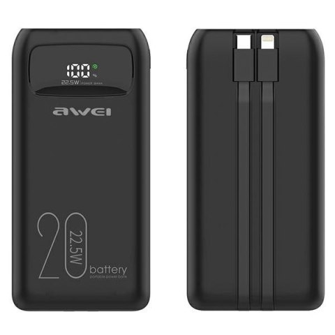 AWEI Powerbank 20000mAh P169K 22,5W USB-C+Lightning Kable / USB+USB-C