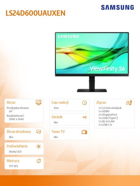 Samsung Monitor 24 cale ViewFinity S60UD IPS 2560x1440 WQHD 16:9 1xHDMI 2xDP(In+Out) 1xUSB-C 90W 3xUSB 3.0 LAN KVM 5ms PinP/PbyP 100Hz H