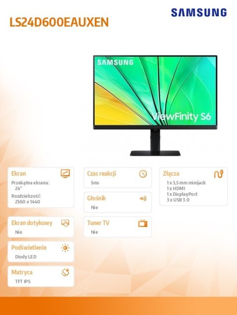 Samsung Monitor 24 cale ViewFinity S60D IPS 2560x1440 WQHD 16:9 1xHDMI 1xDP 3xUSB 3.0 5ms PinP/PbyP 100Hz HAS+PIV płaski 3YOn-Site