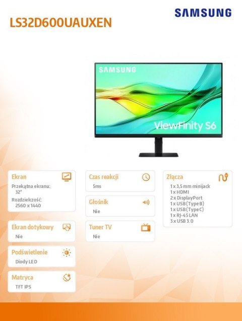 Samsung Monitor 32 cale ViewFinity S60UD IPS 2560x1440 WQHD 16:9 1xHDMI 2xDP(In+Out) 1xUSB-C 90W 3xUSB 3.0 LAN KVM 5ms PinP/PbyP 100Hz H