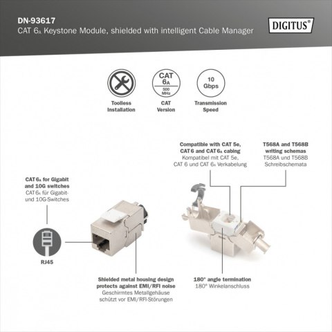 Digitus Moduł Keystone RJ45 (8P8C) kat. 6A STP, LSA, beznarzędziowy