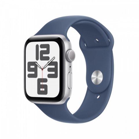 Apple Watch SE GPS, koperta 44 mm z aluminium w kolorze srebrnym z paskiem sportowym w kolorze denim - rozmiar S/M