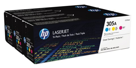 HP 305A zestaw 3 oryginalnych wkładów z tonerem LaserJet: błękitny/purpurowy/żółty