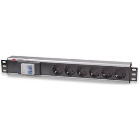 Techly I-CASE STRIP-16SH rozdzielacz zasilania PDU 6 x gniazdo sieciowe 1.5U Aluminium, Czarny