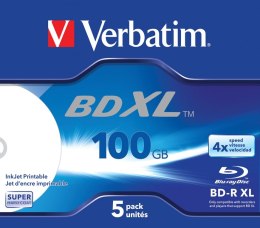 Verbatim BD-R XL 100 GB* 4x, z możliwością wykonywania szerokich nadruków na drukarce atramentowej, zestaw 5 szt. w opakowaniu p