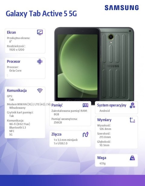 Samsung Tablet Galaxy Tab Active 5 5G 8 cali 8+256GB Enterprise Edition zielony