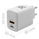 Qoltec Ładowarka sieciowa 20W GaN | 5-20V | 1.5-3A | 1xUSB-C PD | 1xUSB QC 3.0 | Biała