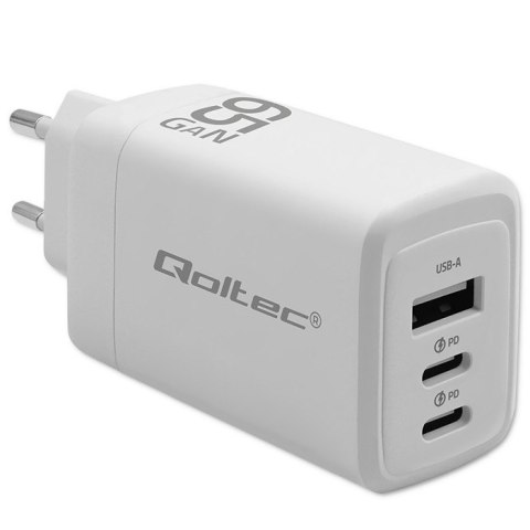 Qoltec Ładowarka sieciowa 65W GaN | 5-20V | 3-3.35A | 2xUSB-C PD | 1xUSBQC 3.0 | Biała