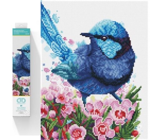 Haft diamentowy Diamond Dotz Diamentowa mozaika Niebieski ptaszek w kwiatach Splendid Fairy Wren 35x43cm DQ10023