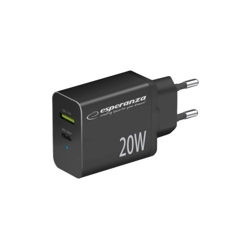 ESPERANZA ŁADOWARKA SIECIOWA 20W USB-C PD 20W / USB-A QC 3.0 18W CZARNA EZC105K