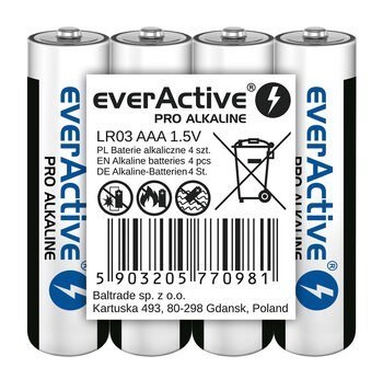 EVERACTIVE BATERIE ALKALICZNE PRO ALKALINE R03, AAA, SHRINK 4SZT , 1250 MAH, WYSOKA WYDAJNOŚĆ, LR03PRO4T