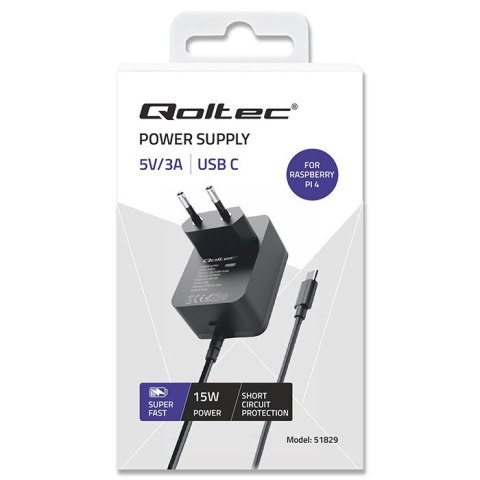 Qoltec Ładowarka Super FAST PD for Raspberry PI 4 | USB-C | 15W | 5V | 3A | Czarna
