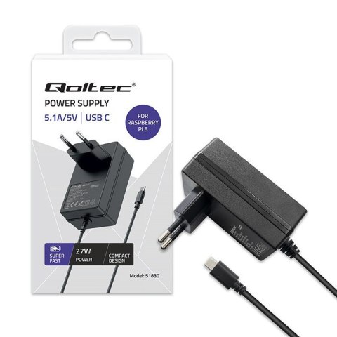 Qoltec Ładowarka Super FAST PD for Raspberry PI 5 | USB-C | 27W | 5-12V | 1.8-5A | Czarna