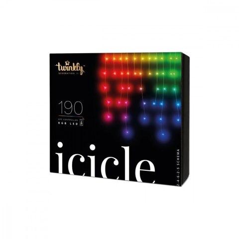 TWINKLY Inteligentne lampki sople Icicle 190 RGB LED, 5x0,5 m, IP44, przezroczysty przewód