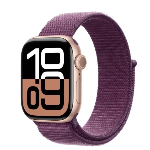 Apple Watch Series 10 GPS, koperta 42 mm z aluminium w kolorze różowego złota z opaską sportową w kolorze dojrzałej śliwki