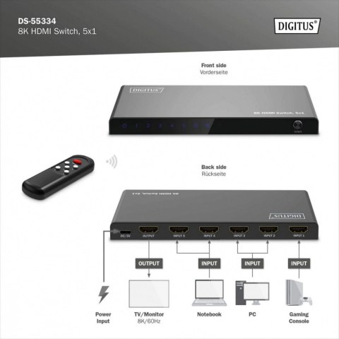 Digitus Przełącznik/Switch 8K HDMI 5x1, 60Hz (4:4:4), HDR, HDCP 2.3, pilot, Czarny