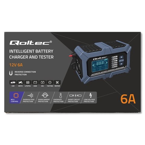 Qoltec Inteligentna mikroprocesorowa ładowarka z testerem baterii i funkcją naprawy 12V | 6A | LCD | Prostownik do akumulatora AGM LiFe