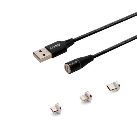 Kabel USB 2.0 SAVIO CL-152 USB - USB Typ C, Micro i Lightning, QC i PD 3.0, magnetyczny, 1m, czarny