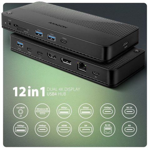 AXAGON HMC-U4 Wieloportowy hub USB 12in1, USB 4.0 40Gbps, 3x USB-A, 2x USB-C, GLAN, HDMI 8K, DP 8K, PD 100W, HQ audio 24bit, UHS II SD/