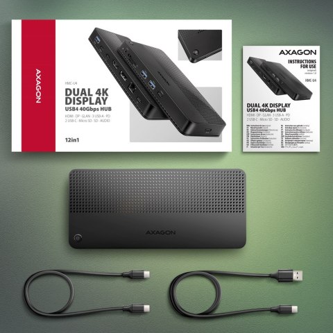 AXAGON HMC-U4 Wieloportowy hub USB 12in1, USB 4.0 40Gbps, 3x USB-A, 2x USB-C, GLAN, HDMI 8K, DP 8K, PD 100W, HQ audio 24bit, UHS II SD/