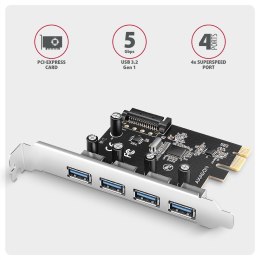 AXAGON PCEU-430RS Kontroler PCIe 4x port USB 3.2 GEN 1, UASP, chipset Renesas, 15-pin SATA zasilacz