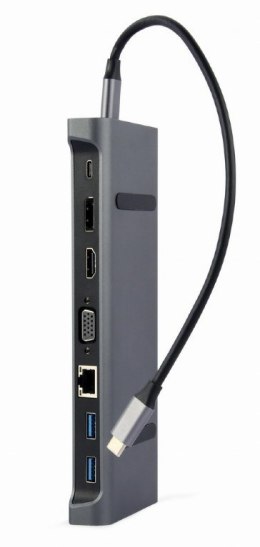 GEMBIRD MULTI ADAPTER USB TYP-C 9W1 (HUB3.0 + HDMI + DISPLAYPORT + VGA + PD + LAN + DŹWIĘK STEREO), SZARY