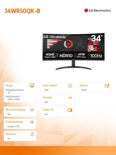 LG Electronics Monitor 34WR50QK-B 34 cale VA