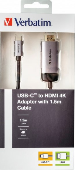 Verbatim 49144 adapter kablowy 1,5 m USB Type-C HDMI Czarny, Srebrny