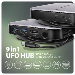 AXAGON HMC-UFO Wieloportowy hub USB 9in1, 10Gbps, 2x USB-A, HDMI 4K/60Hz, M.2 NVMe/SATA, audio, PD 100W, SD/microSD, GLAN, 65cm USB-C k