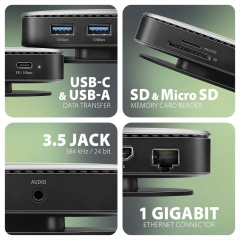 AXAGON HMC-UFO Wieloportowy hub USB 9in1, 10Gbps, 2x USB-A, HDMI 4K/60Hz, M.2 NVMe/SATA, audio, PD 100W, SD/microSD, GLAN, 65cm USB-C k