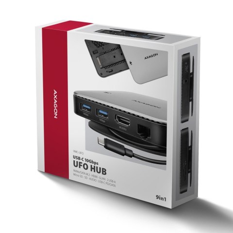 AXAGON HMC-UFO Wieloportowy hub USB 9in1, 10Gbps, 2x USB-A, HDMI 4K/60Hz, M.2 NVMe/SATA, audio, PD 100W, SD/microSD, GLAN, 65cm USB-C k