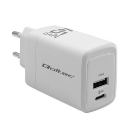 Ładowarka sieciowa Qoltec 45W GaN | 5-20V | 1.5-3A | 1xUSB-C PD | 1xUSB QC 3.0 | Biała