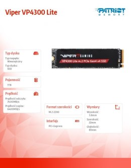 Patriot Dysk SSD 1TB Viper VP4300 Lite 7400/6400 M.2 PCIe Gen4x4 NVMe 2.0 PS5