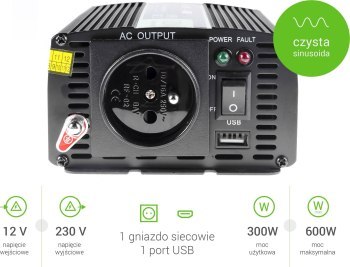 Green Cell 12V na 230V Czysta sinusoida 300W