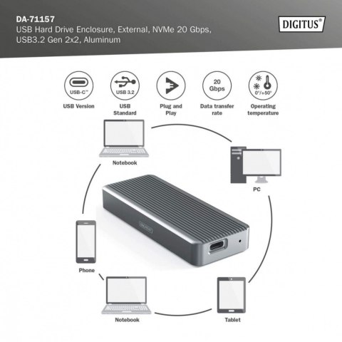 Digitus Obudowa USB 3.2 Typ C na dysk SSD M.2 NVMe 20 Gbps aluminiowa, beznarzędziowa