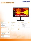 Samsung Monitor 24 cale S40GD IPS 1920x1080 FHD 16:9 2xHDMI 1xDP 2xUSB-A 2.0 1xUSB-B 5ms 100Hz HAS+PIV płaski 3YOn-Site (LS24D400GAUXEN)