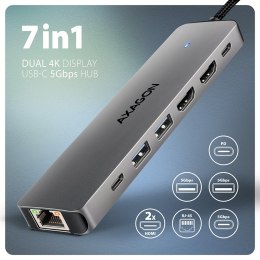 AXAGON HMC-7HX2 Wieloportovy hub USB 7in1, 5Gbps, 2x USB-A, 1x USB-C, 2x HDMI 4K/60Hz, GLAN, PD 100W, 15cm USB-C kabel