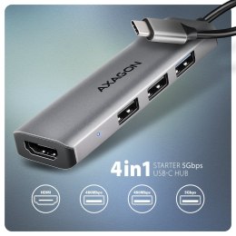 AXAGON HMC-H3A Wieloportowy hub USB 4in1, 5Gbps, 3x USB-A (2x USB2.0, 1x USB3.0) + HDMI 4K/30Hz, metal, 15cm USB-C kabel