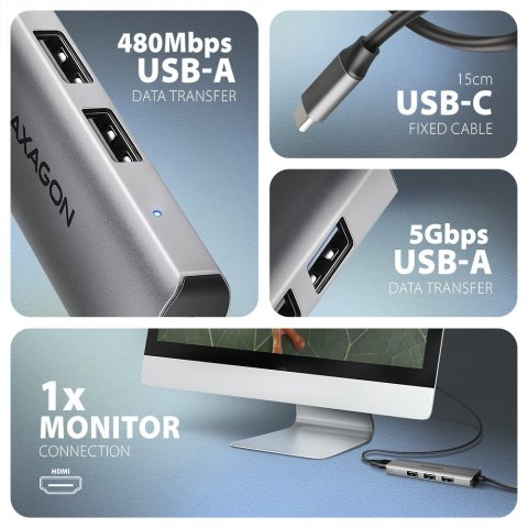 AXAGON HMC-H3A Wieloportowy hub USB 4in1, 5Gbps, 3x USB-A (2x USB2.0, 1x USB3.0) + HDMI 4K/30Hz, metal, 15cm USB-C kabel