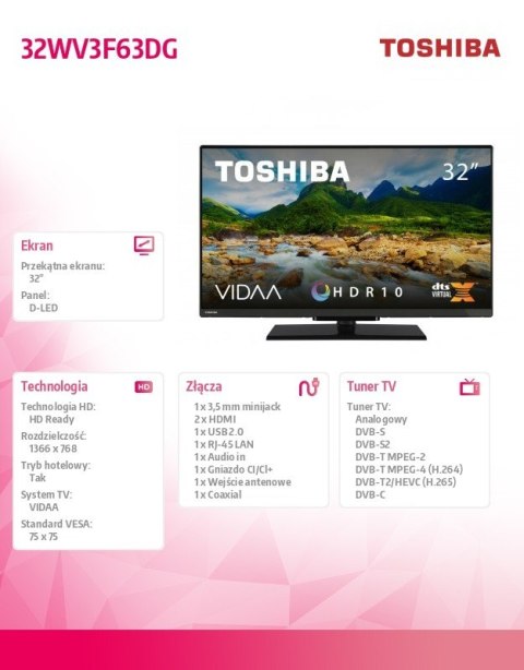 Toshiba Telewizor LED 32 cale 32WV3F63DG