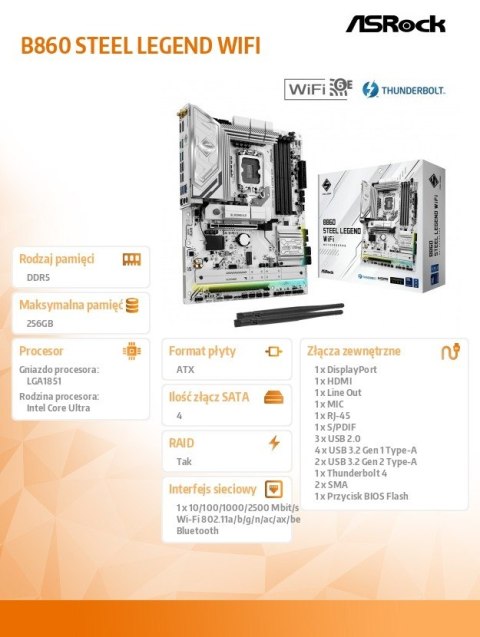 ASRock Płyta główna B860 Steel Legend WiFi s1851 4DDR5 TB ATX