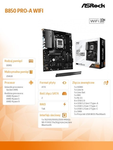 ASRock Płyta główna B850 PRO-A WIFI AM5 4DDR5 ATX