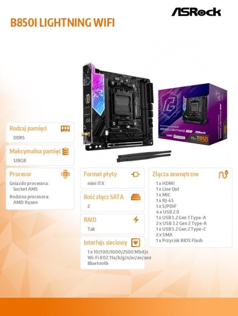 ASRock Płyta główna B850I LIGHTNING WIFI AM5 2DDR5 ITX