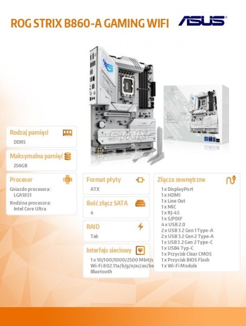 Asus Płyta główna ROG STRIX B860-A GAMING WIFI s1851 4DDR5 USB ATX
