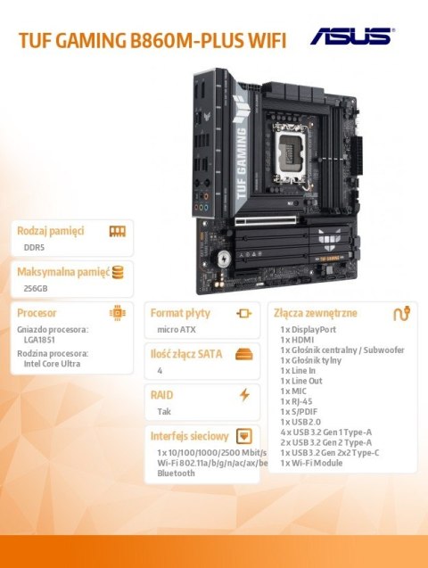 Asus Płyta główna TUF GAMING B860M-PLUS WIFI s1851 4DDR5 USBC mATX