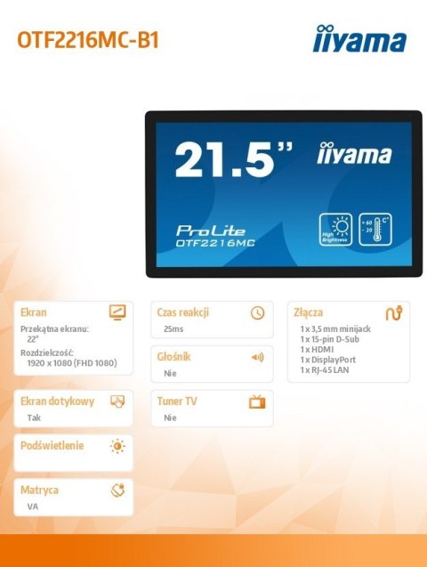 IIYAMA Monitor 22 cale OTF2216MC-B1, VA,poj.10pkt.1100cd,IP65,outdoor, VGA, HDMI,DP,RJ45
