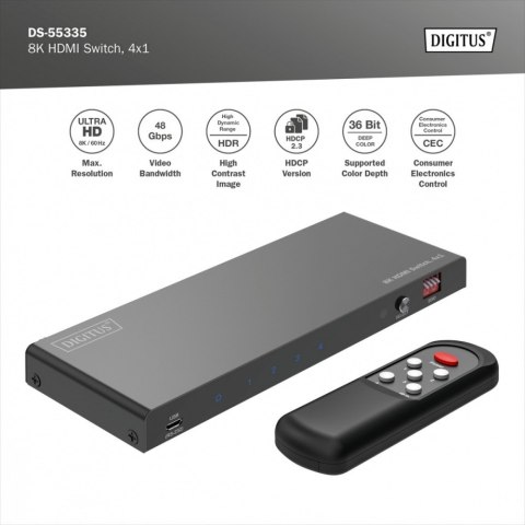 Digitus Przełącznik / Switch HDMI 4x1, 8K/60Hz (4:4:4) z HDR, 48 Gbps, HDCP 2.3, Toslink / Stereo, EDID